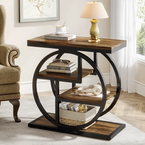 End Table for Living Room, 4-Tier Narrow Side Table with Storage Shelves, Industrial Bedside Table for Bedroom, Wood Small Sofa Side Table with Geometric Metal Frame (1 PC, Rustic Brown) End Table for Living Room, 4-Tier Narrow Side Table with Storage Shelves, Industrial Bedside Table for Bedroom, Wood Small Sofa Side Table with Geometric Metal Frame (1 PC, Rustic Brown)