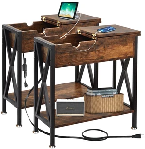 End Tables Living Room Set of 2 with Charging Station, 12"D x 24"W x 24"H | Flip Top End Table with USB Ports and Outlets, Living Room Side Tables Set of 2, End Table with Steel X-Shaped Frame End Tables Living Room Set of 2 with Charging Station, 12"D x 24"W x 24"H | Flip Top End Table with USB Ports and Outlets, Living Room Side Tables Set of 2, End Table with Steel X-Shaped Frame