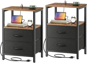 Nightstands Set of 2, End Tables with Charging Station, Side Table | Side Tables with Fabric Drawers, Bedside Tables with USB Ports and Outlets, Night Stands for Bedroom, Rustic Brown and Black