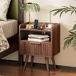 Nightstand with Charging Station, USB-C Port, End Table | Fluted Night Stand Bedside Table with Drawer, Solid Wood Feet, Open Storage, with Raised Edge, for Bedroom, Walnut Nightstand with Charging Station, USB-C Port, End Table | Fluted Night Stand Bedside Table with Drawer, Solid Wood Feet, Open Storage, with Raised Edge, for Bedroom, Walnut