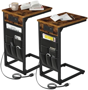 C Shaped End Table with Charging Station, TV Trays, Set of 2 | Couch Side Tables That Slide Under Sofa for Eating, with Storage Bag, USB Ports, for Living Room, Bedroom, Rustic Brown C Shaped End Table with Charging Station, TV Trays, Set of 2 | Couch Side Tables That Slide Under Sofa for Eating, with Storage Bag, USB Ports, for Living Room, Bedroom, Rustic Brown