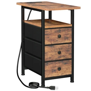 Narrow Side Table, Small End Table with Charging Station | End Tables Living Room with USB Ports and Outlets, Slim Nightstand with 3 Fabric Drawers for Bedroom, Small Space, Brown Narrow Side Table, Small End Table with Charging Station | End Tables Living Room with USB Ports and Outlets, Slim Nightstand with 3 Fabric Drawers for Bedroom, Small Space, Brown
