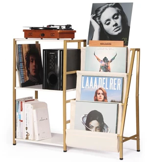 Stand for Record Player, 3 Tier Vinyl Record Storage with Now Playing Holder, Turntable Stand, Vinyl Display with Speaker Storage for Living Room, Gold White Stand for Record Player, 3 Tier Vinyl Record Storage with Now Playing Holder, Turntable Stand, Vinyl Display with Speaker Storage for Living Room, Gold White