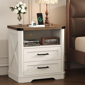 23.62 Tall Farmhouse Nightstand, Rustic Wooden Night Stand with Charging Station, Beside Table with Drawers and Open Storage, End Tables for Bedroom, Cream White 003 23.62 Tall Farmhouse Nightstand, Rustic Wooden Night Stand with Charging Station, Beside Table with Drawers and Open Storage, End Tables for Bedroom, Cream White 003