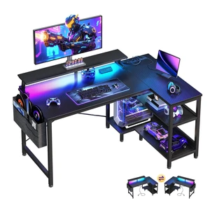 40 Inch L Shaped Gaming Desk with LED Lights, Power Outlets, Black | Adjustable Monitor Stand, Open Storage Shelves, Hanging Side Bag, PC Tower Stand, Reversible Layout for Gaming 40 Inch L Shaped Gaming Desk with LED Lights, Power Outlets, Black | Adjustable Monitor Stand, Open Storage Shelves, Hanging Side Bag, PC Tower Stand, Reversible Layout for Gaming