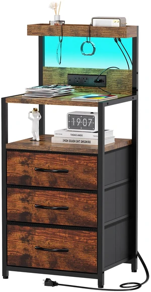 Night Stand, Nightstand with Charging Station, 3 Fabric Drawers | Night Stand with Storage and LED Lights, 3 Tier Shelves and 2 Hooks, End Side Table for Bedroom, Rustic Brown Night Stand, Nightstand with Charging Station, 3 Fabric Drawers | Night Stand with Storage and LED Lights, 3 Tier Shelves and 2 Hooks, End Side Table for Bedroom, Rustic Brown