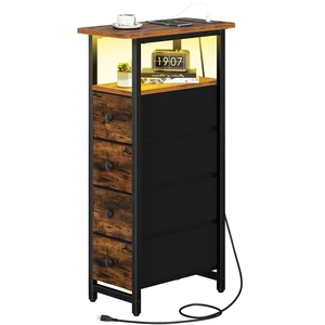 Narrow Nightstand with Charging Station, LED Tall Narrow Side Table | Sturdy Brown Nightstand, Tall Space-Saving Dresser, Skinny Storage Drawers & Cabinet, Designed for Bedroom Dorm Small Spaces Narrow Nightstand with Charging Station, LED Tall Narrow Side Table | Sturdy Brown Nightstand, Tall Space-Saving Dresser, Skinny Storage Drawers & Cabinet, Designed for Bedroom Dorm Small Spaces