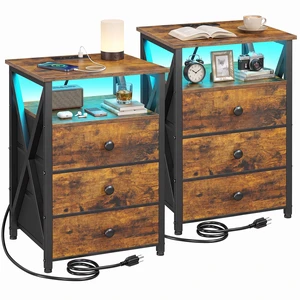 Nightstands Set of 2, LED Night Stand with Charging Station | Tall End Side Tables with USB Port & Outlet, Bedside Table with 3 Fabric Drawers for Bedroom, Rustic Brown Nightstands Set of 2, LED Night Stand with Charging Station | Tall End Side Tables with USB Port & Outlet, Bedside Table with 3 Fabric Drawers for Bedroom, Rustic Brown