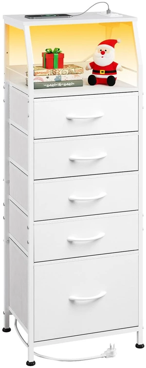 Night Stand with Charging Station, White LED 5 Drawers Bedside Table | RGB LED Tall Dresser with 2 USB + 2 AC Outlets, 5 Fabric Drawers, Sturdy Metal Frame, Easy Assembly Night Stand with Charging Station, White LED 5 Drawers Bedside Table | RGB LED Tall Dresser with 2 USB + 2 AC Outlets, 5 Fabric Drawers, Sturdy Metal Frame, Easy Assembly