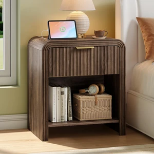 Fluted 1-Drawer Nightstand with Charging Station and Shelf, Walnut | Open Shelf, Gold Handles, Curved Profile, USB and Type C Ports, Wood Bedside Table for Bedroom Storage