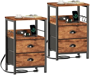 Nightstands Set of 2 with Charging Station, 2 Fabric Drawers | Night Stand Set 2 with USB & Outlets, Side Table with Storage, Industrial End Table, for Living Room/Bedroom, Rustic Brown Nightstands Set of 2 with Charging Station, 2 Fabric Drawers | Night Stand Set 2 with USB & Outlets, Side Table with Storage, Industrial End Table, for Living Room/Bedroom, Rustic Brown