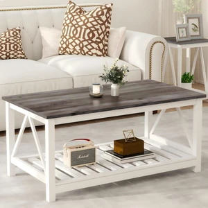 Coffee Table with Storage Small White Farmhouse Coffee Table for Livingroom | Farmhouse Style , White Oak Finish , Grey Oak Top , 2-Tier Slat Shelf , V-Shape Frame , 39.4" L x 21.6" W,Sturdy Frame Coffee Table with Storage Small White Farmhouse Coffee Table for Livingroom | Farmhouse Style , White Oak Finish , Grey Oak Top , 2-Tier Slat Shelf , V-Shape Frame , 39.4" L x 21.6" W,Sturdy Frame