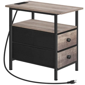 End Table with Charging Station, Narrow Side Table, Nightstand with 2 Non-Woven Drawers, Slim Sofa Side Table, for Small Spaces, Living Room, Bedroom, Greige and Black BG486UBZ01 End Table with Charging Station, Narrow Side Table, Nightstand with 2 Non-Woven Drawers, Slim Sofa Side Table, for Small Spaces, Living Room, Bedroom, Greige and Black BG486UBZ01