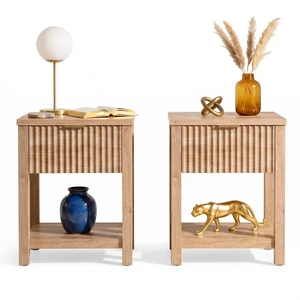 Fluted Nightstand Set of 2 with Drawer and Open Shelf,Oak | Modern Wood Side End Table with Golden Handle Bedside Table Set of 2 with Storage Large End Tables for Living Room Bedroom Fluted Nightstand Set of 2 with Drawer and Open Shelf,Oak | Modern Wood Side End Table with Golden Handle Bedside Table Set of 2 with Storage Large End Tables for Living Room Bedroom
