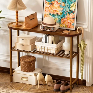 Farmhouse Entryway Table Bamboo 39.4", Narrow Console Table Oval Top, Behind Sofa Table with Anti-fall Edge, TV Stand for Living Room, Indoor Outdoor Plant Stand, 5min Easy Assembly, Dark Walnut Farmhouse Entryway Table Bamboo 39.4", Narrow Console Table Oval Top, Behind Sofa Table with Anti-fall Edge, TV Stand for Living Room, Indoor Outdoor Plant Stand, 5min Easy Assembly, Dark Walnut