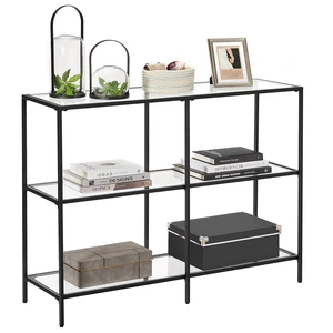 39.4 Inchs Console Table with 3 Shelves, Tempered Glass Shelf | Modern Sofa Table, Metal Frame, for Entryway Living Room Bedroom, Classic Black and Transparent, BARIS Collection ULGT027B01 39.4 Inchs Console Table with 3 Shelves, Tempered Glass Shelf | Modern Sofa Table, Metal Frame, for Entryway Living Room Bedroom, Classic Black and Transparent, BARIS Collection ULGT027B01