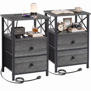 Nightstands Set of 2, Large Night Stand with Charging Station | Bedside Table with 2 Fabric Drawers, End Side Tables Living Room, with Open Shelf, USB Ports Outlets, for Bedroom, Dark Grey Nightstands Set of 2, Large Night Stand with Charging Station | Bedside Table with 2 Fabric Drawers, End Side Tables Living Room, with Open Shelf, USB Ports Outlets, for Bedroom, Dark Grey
