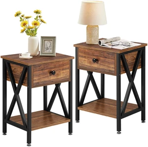 Nightstands Set of 2, Modern Bedside End Tables, Night Stands with Drawer and Storage Shelf for Living Room Bedroom, Industrial Metal Frame