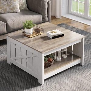Coffee Table Farmhouse Coffee Table with Storage Rustic Wood | Grey-wash farmhouse coffee table with 2-tier semi-open shelf, X-frames and 180 lb capacity Coffee Table Farmhouse Coffee Table with Storage Rustic Wood | Grey-wash farmhouse coffee table with 2-tier semi-open shelf, X-frames and 180 lb capacity