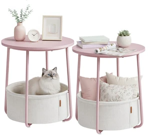 Small Round Side End Table, Small Nightstand with Fabric Basket | Modern Bedside Table Set of 2, for Living Room, Bedroom, Jelly Pink and Cream White, LILEA Collection ULET225SA01S Small Round Side End Table, Small Nightstand with Fabric Basket | Modern Bedside Table Set of 2, for Living Room, Bedroom, Jelly Pink and Cream White, LILEA Collection ULET225SA01S