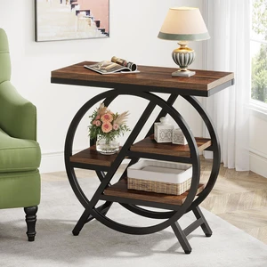 End Table for Living Room, 3-Tier Narrow Side Table with Storage, Wood Sofa Side Table with Geometric Metal Frame, Industrial Nightstand and Bedside Table for Bedroom End Table for Living Room, 3-Tier Narrow Side Table with Storage, Wood Sofa Side Table with Geometric Metal Frame, Industrial Nightstand and Bedside Table for Bedroom