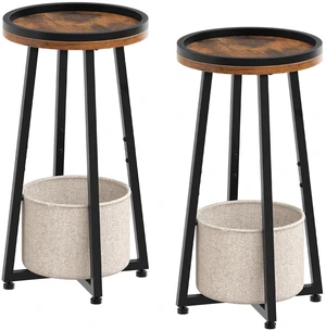 Small Round Side Tables, 2-Tier Round Sofa End Tables | Set of 2, Compact Nightstands with Cotton Linen Storage Basket, for Small Space, Living Room, Bedroom, Dorm, Rustic Brown Small Round Side Tables, 2-Tier Round Sofa End Tables | Set of 2, Compact Nightstands with Cotton Linen Storage Basket, for Small Space, Living Room, Bedroom, Dorm, Rustic Brown