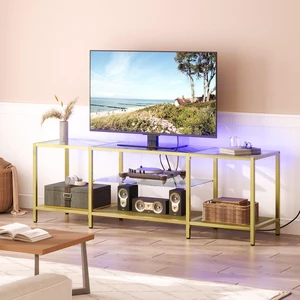 TV Stand with LED Lights and Power Outlets for TVs up to 75", Modern 63 Inch Tempered Glass TV Console Table with Open Shelves, Media Entertainment Center for Living Room, Gold GD165UDS01 TV Stand with LED Lights and Power Outlets for TVs up to 75", Modern 63 Inch Tempered Glass TV Console Table with Open Shelves, Media Entertainment Center for Living Room, Gold GD165UDS01