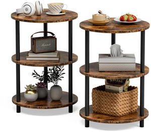 Small Round End Table - 3 Tier Design Accent Table, Narrow Side or Bedside Stand, Industrial Vintage Nightstand for Bedroom, Living Room, or Small Spaces, Set of 2, Rustic Brown Small Round End Table - 3 Tier Design Accent Table, Narrow Side or Bedside Stand, Industrial Vintage Nightstand for Bedroom, Living Room, or Small Spaces, Set of 2, Rustic Brown