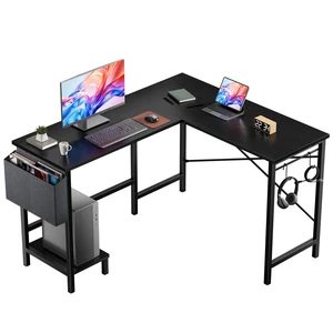 L Shaped Computer Desk with PC Stand, Corner Workstation, Black | 50 Inch Reversible Gaming Desk with Storage Bag and Side Hook for Home Office, Sturdy Metal Frame L Shaped Computer Desk with PC Stand, Corner Workstation, Black | 50 Inch Reversible Gaming Desk with Storage Bag and Side Hook for Home Office, Sturdy Metal Frame