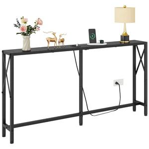 Narrow Console Table with Socket, Sofa Table Behind Couch, Black | 55.1" Couch Table, Industrial Style, Long Skinny Design,for Hallway,Living Room,Bedroom, Built-In Outlets & USB,140cm Length Narrow Console Table with Socket, Sofa Table Behind Couch, Black | 55.1" Couch Table, Industrial Style, Long Skinny Design,for Hallway,Living Room,Bedroom, Built-In Outlets & USB,140cm Length
