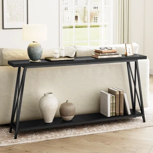 Console Table for Entryway, 63" Industrial Sofa Table, 2-Tier | Sofa Table with Metal Legs, Narrow Console Table, X-Shaped Support, Behind Couch Table, Accent Tables for Hallway, Black Console Table for Entryway, 63" Industrial Sofa Table, 2-Tier | Sofa Table with Metal Legs, Narrow Console Table, X-Shaped Support, Behind Couch Table, Accent Tables for Hallway, Black