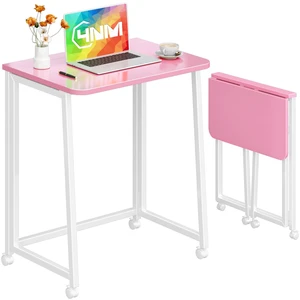 23.6" Mobile Small Folding Desk, Foldable Rolling Computer Home Office Desk, Study Writing Table for Small Space Saving Bedroom, with Wheels - Pink and White 23.6" Mobile Small Folding Desk, Foldable Rolling Computer Home Office Desk, Study Writing Table for Small Space Saving Bedroom, with Wheels - Pink and White