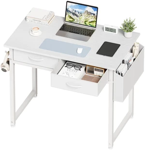 32-Inch Small Computer Desk with Drawers and Hook, White | Home Office Desk for Bedroom, Gaming Writing Study Desk with Adjustable Feet