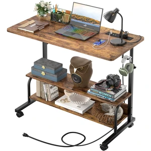 32" Height Adjustable Standing Desk with Power Outlets - Manual Rolling Stand Up Desk with Wheels Small Portable Computer Desk Mobile Laptop Table with Storage Shelves for Home Office, Rustic 32" Height Adjustable Standing Desk with Power Outlets - Manual Rolling Stand Up Desk with Wheels Small Portable Computer Desk Mobile Laptop Table with Storage Shelves for Home Office, Rustic