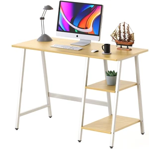 43-Inch Trestle Computer Desk with Open Storage Shelves, Oak | w/ Adjustable Glides 43-Inch Trestle Computer Desk with Open Storage Shelves, Oak | w/ Adjustable Glides
