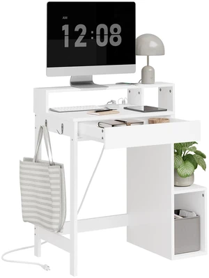 Small Computer Desk with Power Outlet | Computer Study Desk with Hutch & Side Hook for Bedroom, Study Room, Dorm (White, FWT111-W) Small Computer Desk with Power Outlet | Computer Study Desk with Hutch & Side Hook for Bedroom, Study Room, Dorm (White, FWT111-W)