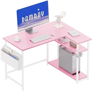 40 Inch L Shaped Computer Desk with Reversible Side Storage Shelves, Small Corner Desk for Small Space Home Office, Writing Study Table PC Desk for Bedroom, Pink 40 Inch L Shaped Computer Desk with Reversible Side Storage Shelves, Small Corner Desk for Small Space Home Office, Writing Study Table PC Desk for Bedroom, Pink