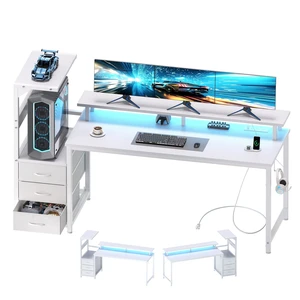 59 Reversible Gaming Computer Desk with Drawers and Power Outlet | Gamer Table with Side Hook LED Lights and Monitor Stand for Home Office Small Space Fits PC Towers, White 59 Reversible Gaming Computer Desk with Drawers and Power Outlet | Gamer Table with Side Hook LED Lights and Monitor Stand for Home Office Small Space Fits PC Towers, White