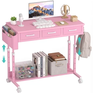 Pink Rolling Desk with Drawers, 40" Height Adjustable Girls Standing Desk | Mobile Computer Desk with Wheels & Side Table With Storage Pocket & Hooks For Girls Bedroom Vanity Study Writing Art Crafts