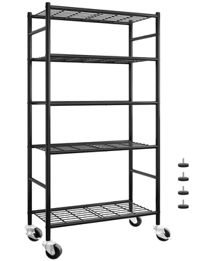 5-Tier Storage Shelves 33.1" x12.6" x73.5" Black with Wheels | Two Ways To Use, Flexible Movement & StabilityKitchen, Closet, Pantry, Garage, Adjustable Feet, Metal Construction 5-Tier Storage Shelves 33.1" x12.6" x73.5" Black with Wheels | Two Ways To Use, Flexible Movement & StabilityKitchen, Closet, Pantry, Garage, Adjustable Feet, Metal Construction