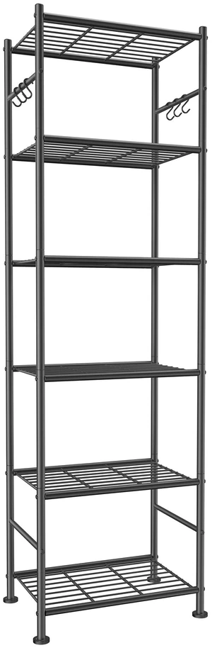 6-Tier Storage Shelves with Hooks, 18.1" x 12.4" x 70.1", Black | Heavy-Duty Metal Frame, Space-Saving Shoe Rack & Bookshelf, Adjustable Leveling Feet, Ideal for Bedroom, Bathroom and Garage