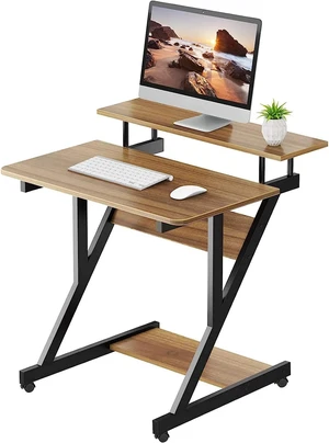 Computer Desk for Small Spaces, Z Shaped Small Computer Desk, 27.5 inch Compact Desk with Monitor Shelf and Bottom Storage Shelves, Space Saving Desk, Walnut Computer Desk for Small Spaces, Z Shaped Small Computer Desk, 27.5 inch Compact Desk with Monitor Shelf and Bottom Storage Shelves, Space Saving Desk, Walnut