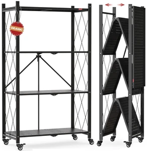 4 Tier Foldable Storage Shelves with Wheels, Large Capacity Shelving Unit, Freestanding Metal Wire Shelf Rack, No Assembly Organizer Rack for Garage Kitchen, Basement, Pantry (1, Black) 4 Tier Foldable Storage Shelves with Wheels, Large Capacity Shelving Unit, Freestanding Metal Wire Shelf Rack, No Assembly Organizer Rack for Garage Kitchen, Basement, Pantry (1, Black)