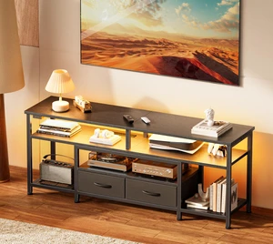 54 Inch LED TV Stand with Power Outlets for 55 60 Inch TV | Entertainment Center with Open Shelves, TV Console for Living Room, Media Console with Drawers, Black 54 Inch LED TV Stand with Power Outlets for 55 60 Inch TV | Entertainment Center with Open Shelves, TV Console for Living Room, Media Console with Drawers, Black