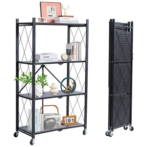 4-Tier Foldable Storage Shelves with Wheels, Folding Metal Rack Shelving Unit, Heavy Duty No Assembly Organizer Shelf for Garage, Kitchen, Basement, Pantry, Black 4-Tier Foldable Storage Shelves with Wheels, Folding Metal Rack Shelving Unit, Heavy Duty No Assembly Organizer Shelf for Garage, Kitchen, Basement, Pantry, Black
