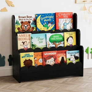 3-Tier Scalloped Bookshelf, Montessori Bookcase for Toddlers, Wooden Book Shelf Organizer Display Furniture for Kids Rooms, Playroom, Nursery and Classroom, Black 3-Tier Scalloped Bookshelf, Montessori Bookcase for Toddlers, Wooden Book Shelf Organizer Display Furniture for Kids Rooms, Playroom, Nursery and Classroom, Black
