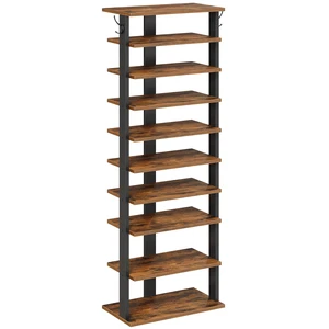 10 Tiers Vertical Shoe Rack, Wooden Shoe Storage Organizer with Hooks, Narrow Shoe Tower for 20 Pairs, Space Saving, for Entryway, Living Room, Bedroom, Rustic Brown FG140XJ01