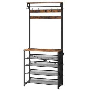 Hall Tree with Bench, Entryway Coat Rack with Shoe Rack, Shoe and Coat Rack, 5 Tier Shoe Storage Organizer with Oxford Fabric Side Pockets, Adjustable Mesh Shelves, Rustic Brown BF75MT01 Hall Tree with Bench, Entryway Coat Rack with Shoe Rack, Shoe and Coat Rack, 5 Tier Shoe Storage Organizer with Oxford Fabric Side Pockets, Adjustable Mesh Shelves, Rustic Brown BF75MT01