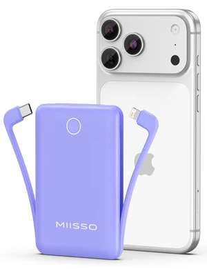10000mAh Mini Portable Charger with Built in Cable, Purple | Pocket Size Power Bank, Travel External Battery Pack for Phone, 3 Output, USB Type C Cord, Compatible with iPhone, Samsung
