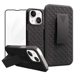 for iPhone 14/13 Belt Clip Holster Case, Screen Protector-Black | Swivel Kickstand Holder, Slim Shell Slide Pouch Full Body Protective, Rugged Heavy Duty Shockproof Outdoor Cell Phone Cover